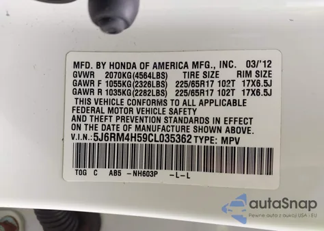 2012 Honda Cr-V Ex z USA, uszkodzony, nr VIN 5J6RM4H59CL035362